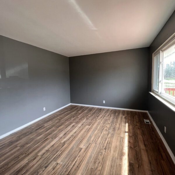 an empty room with gray color walls